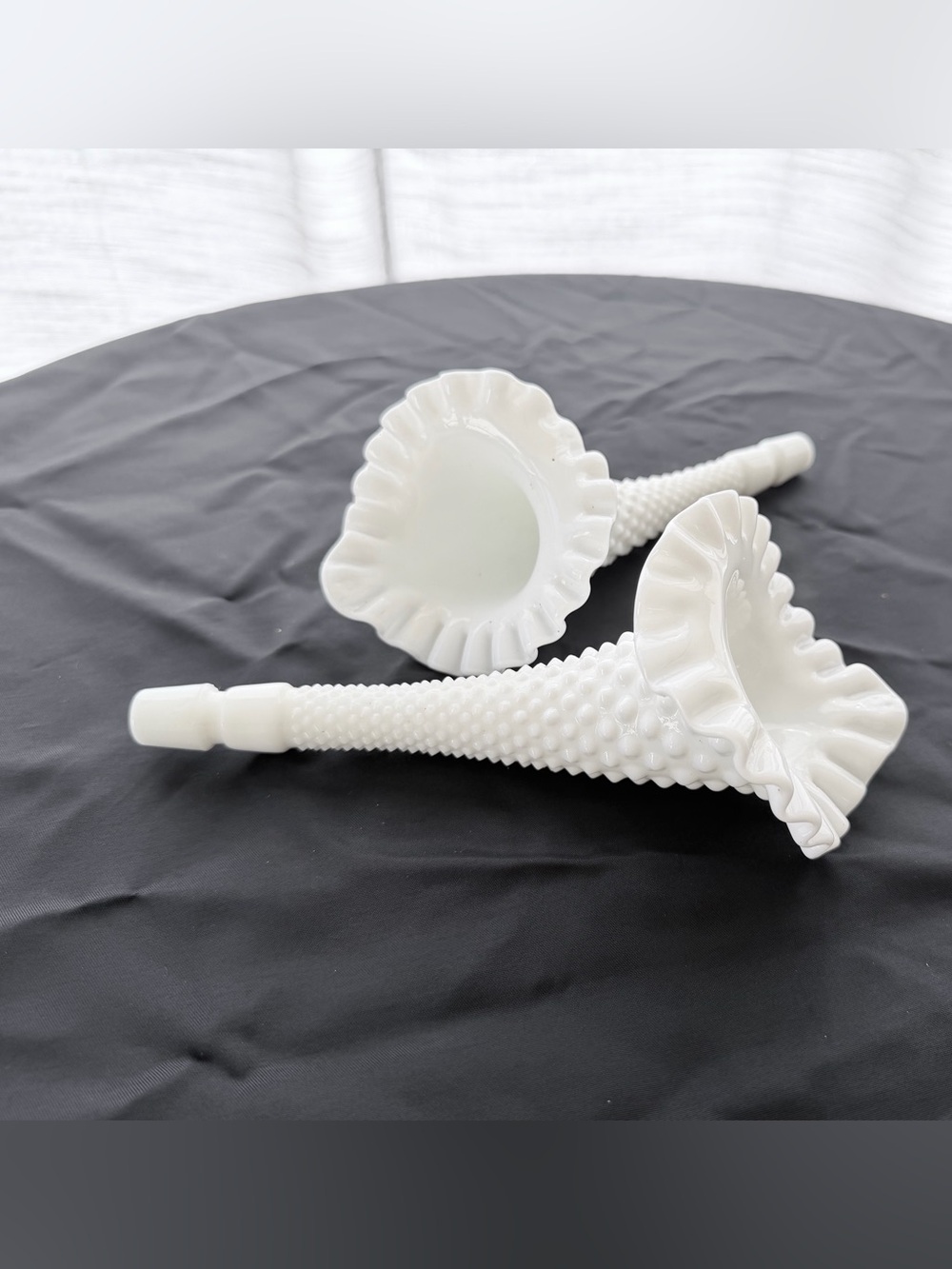 Fenton White Milk Glass Hobnail Epergne Trumpet Horn Ruffled Flower Vase Set 2